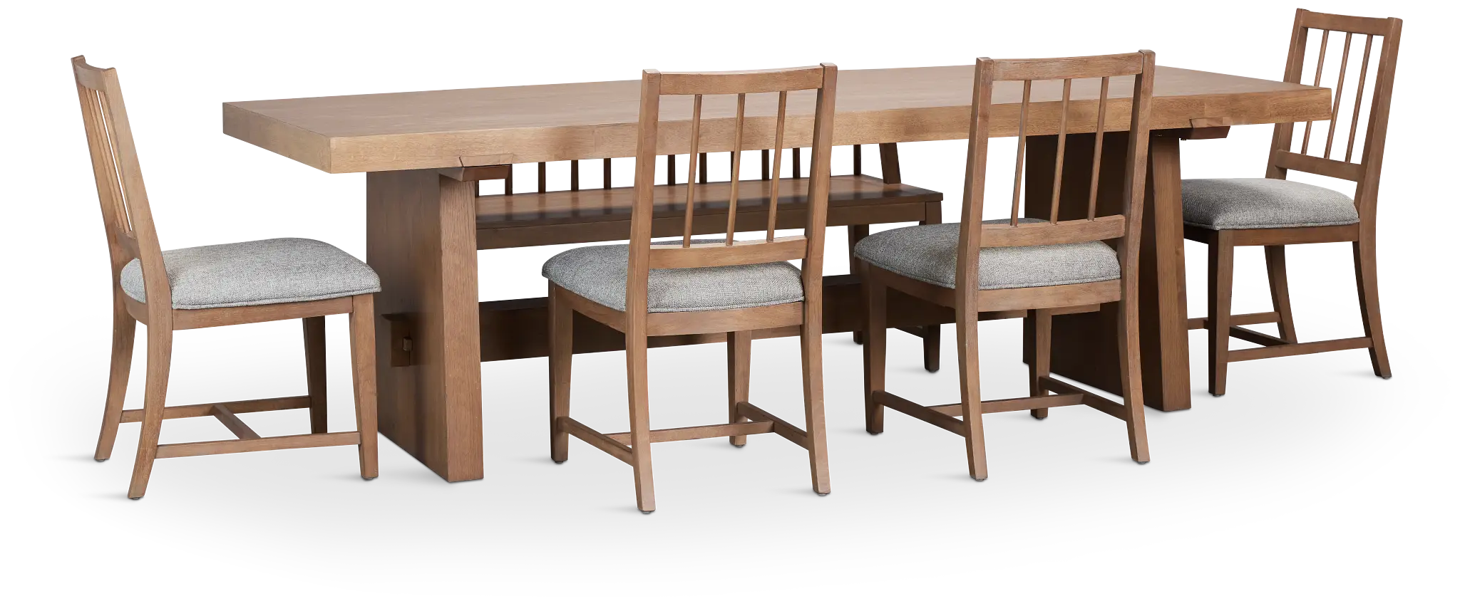 Provo Mid Tone Trestle Table, 4 Gray Chairs & Bench Provo Mid Tone Trestle Table, 4 Gray Chairs & Bench