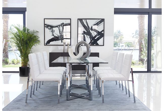Amalfi White Glass Rectangular Table & 4 Upholstered Chairs
