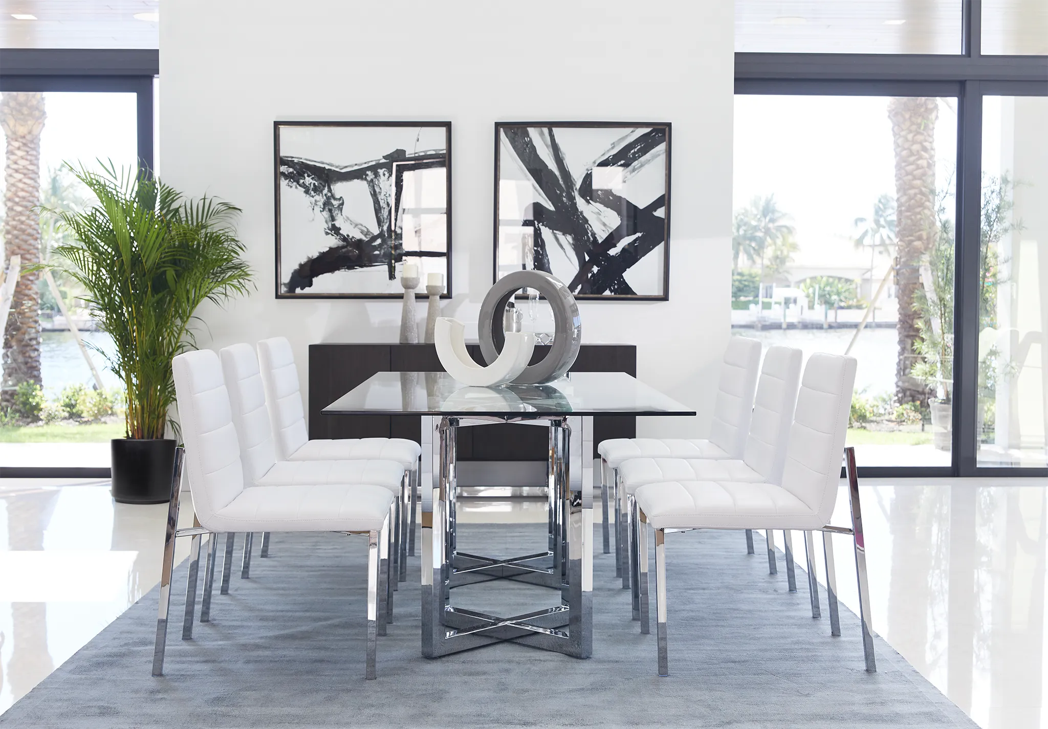 Amalfi White Glass Rectangular Table & 4 Upholstered Chairs