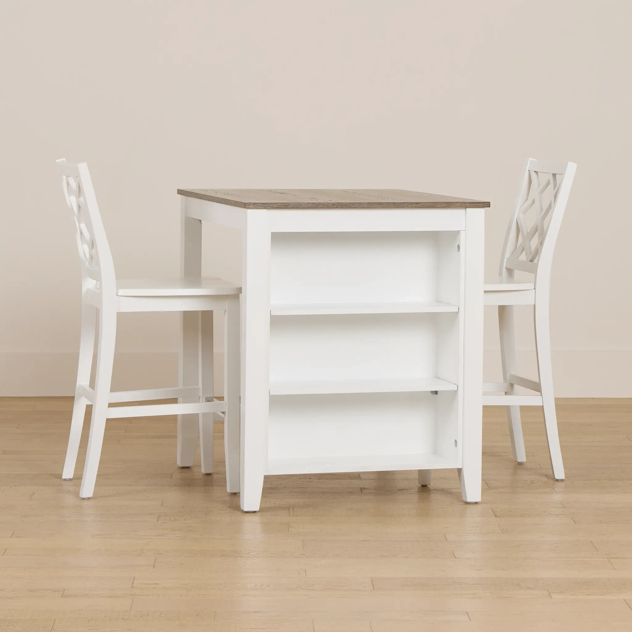 Edgartown Two-tone Storage High Table & 2 White Wood Barstools Edgartown Two-tone Storage High Table & 2 White Wood Barstools