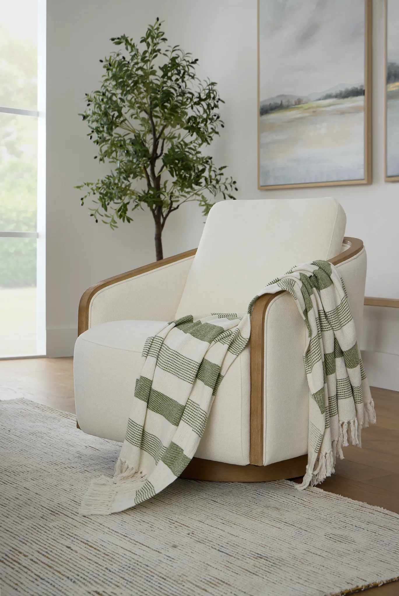 Campbell White Fabric Swivel Accent Chair