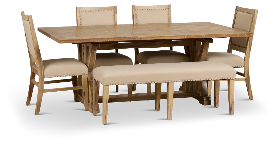 Joplin Light Tone Extension Rectangular Table With 4 Side Chairs & Bench