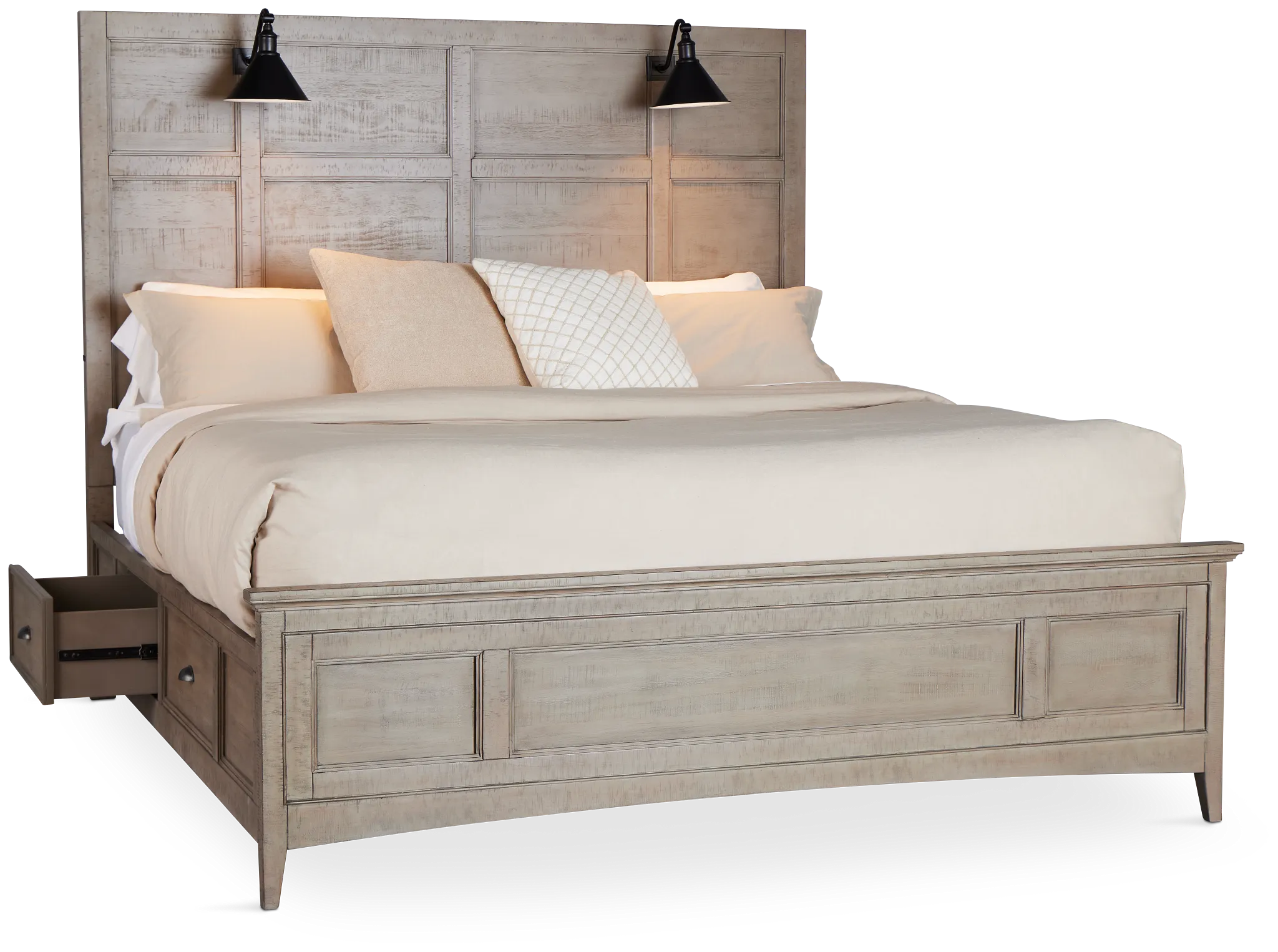 Heron Cove Light Tone Storage Panel Bed With Lights