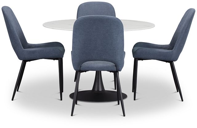 Brela White Round Table & 4 Dark Blue Upholstered Chairs