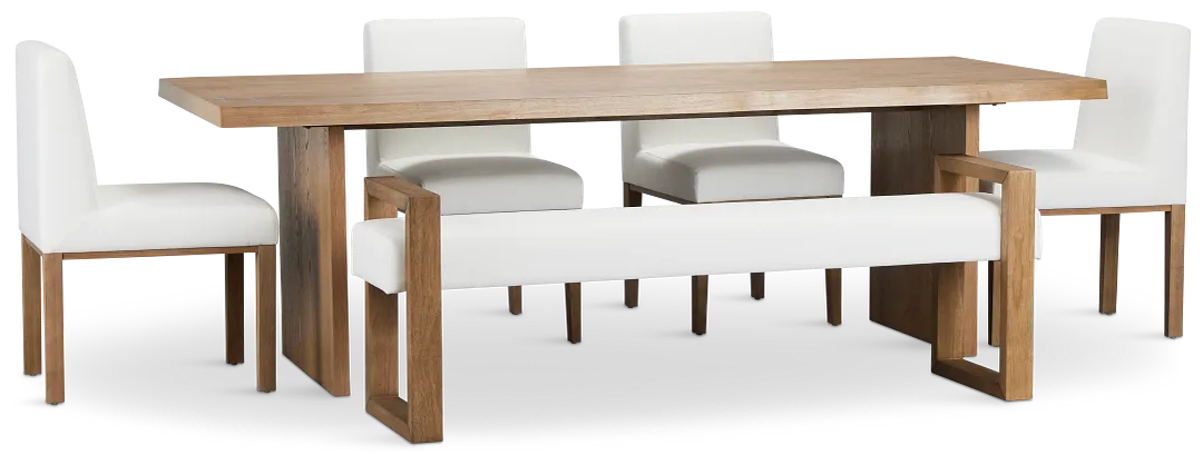 Haven Light Tone Wood Rectangular Table With 4 Side Chairs & Bench