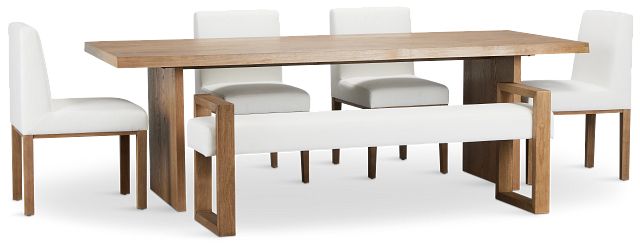Haven Light Tone Wood Rectangular Table With 4 Side Chairs & Bench