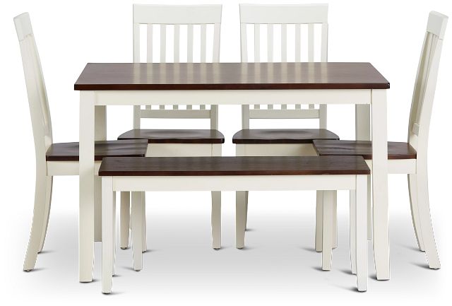 Santos White Two-tone Table, 4 Chairs & Bench (4)