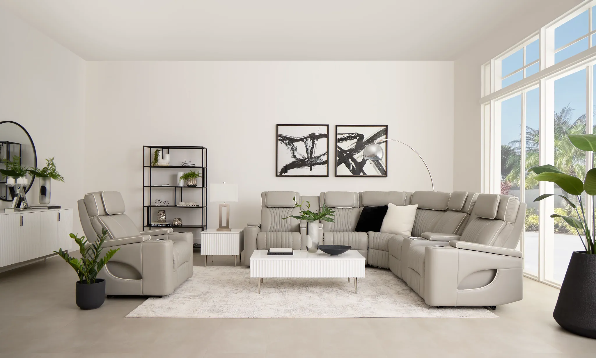 Nova Light Gray Lthr/vinyl Medium 2-arm Triple Power Massage Sectional