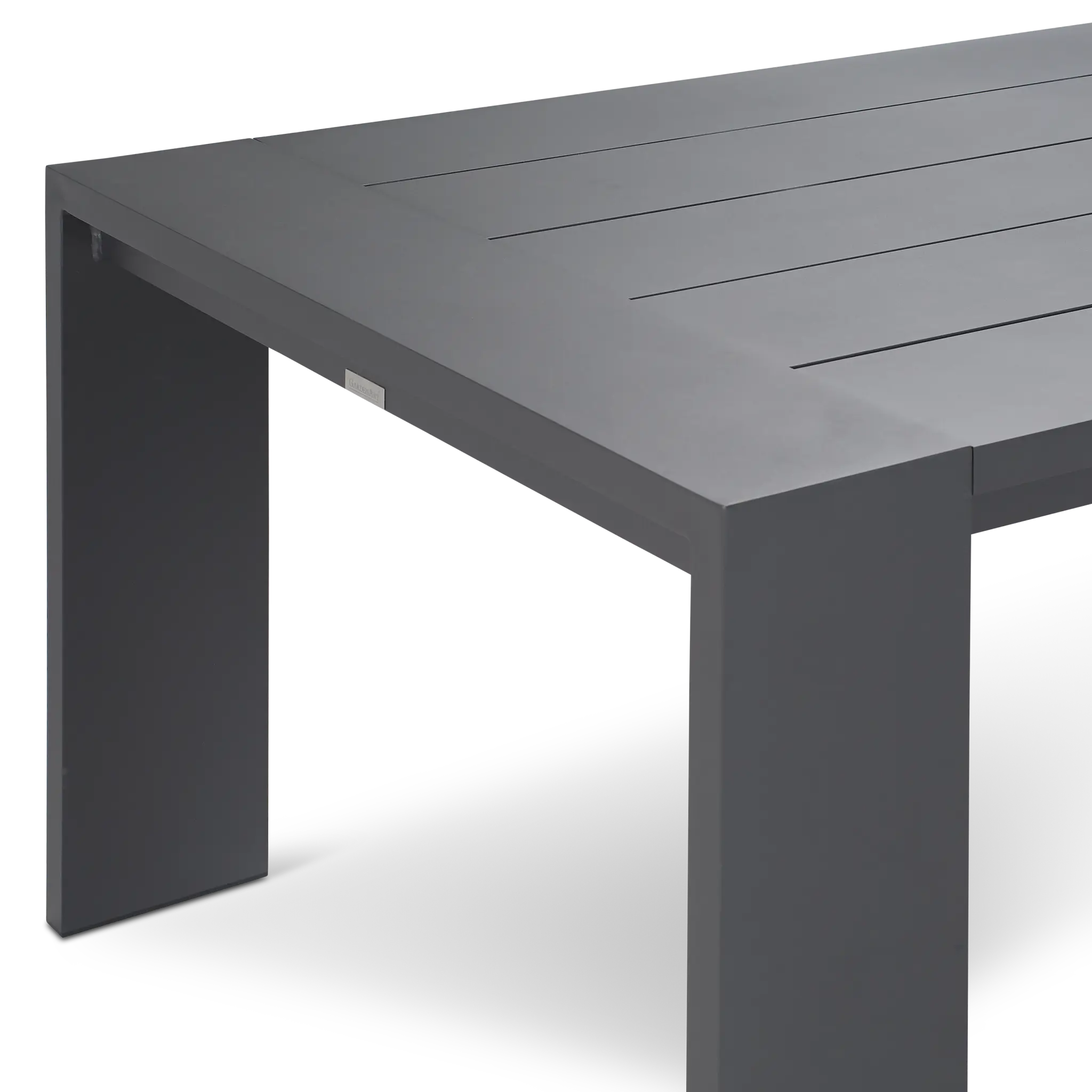 Linear Dark Gray White 110" Aluminum Table & 4 Teak Cushioned Side Chairs Linear Dark Gray White 110" Aluminum Table & 4 Teak Cushioned Side Chairs