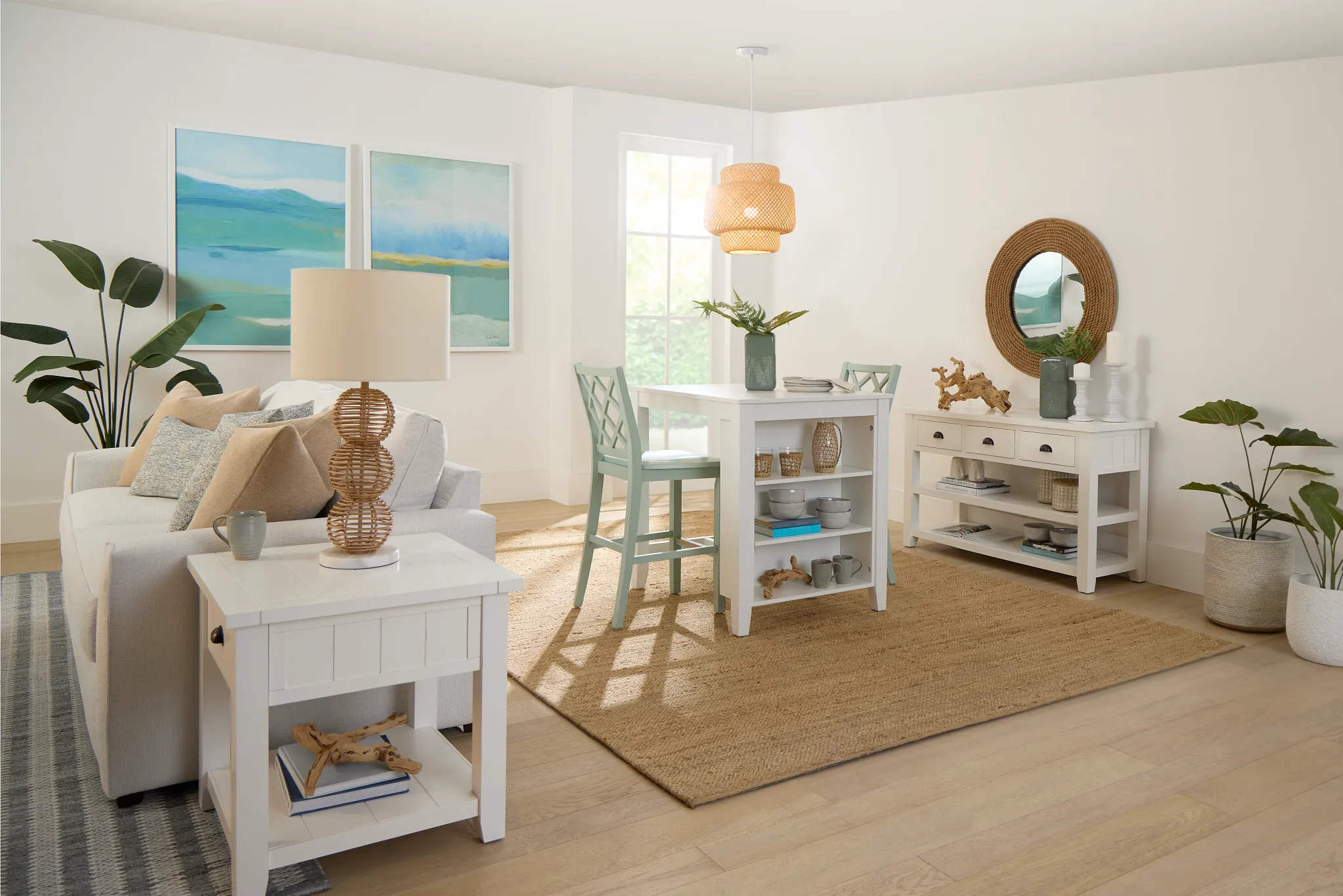 Edgartown White Storage High Table & 2 Light Blue Wood Barstools