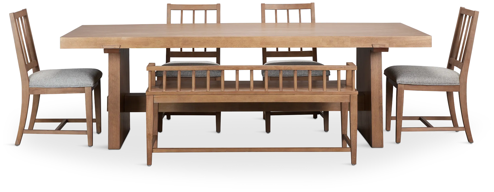 Provo Mid Tone Trestle Table, 4 Gray Chairs & Bench