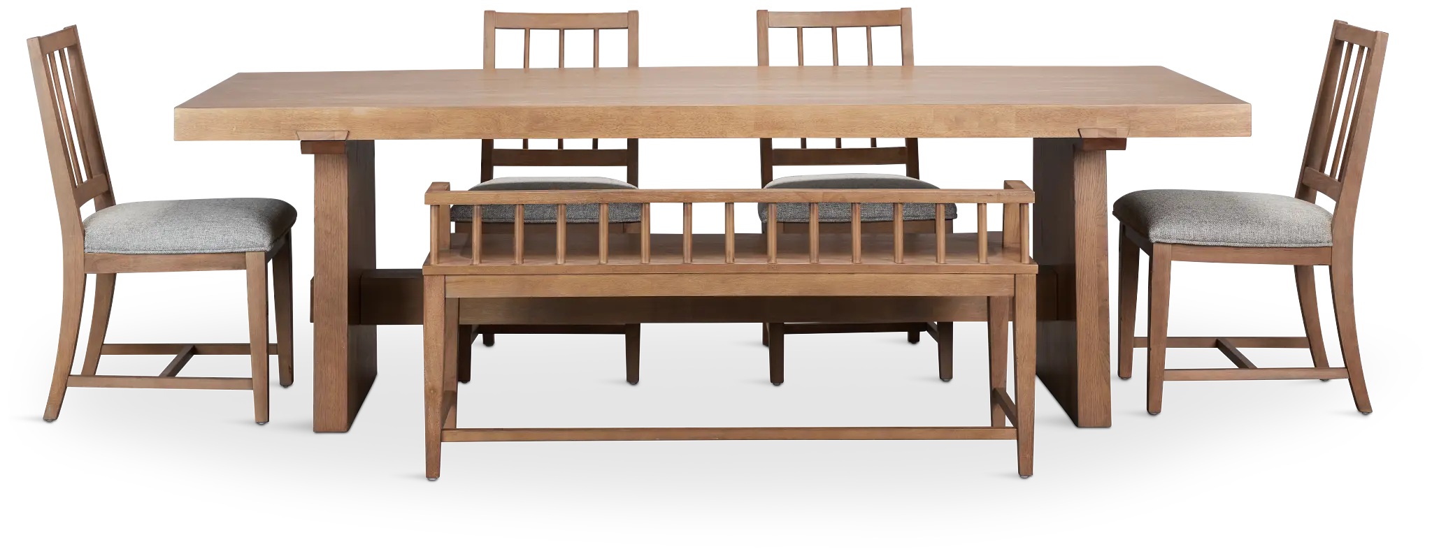 Provo Mid Tone Trestle Table, 4 Gray Chairs & Bench Provo Mid Tone Trestle Table, 4 Gray Chairs & Bench