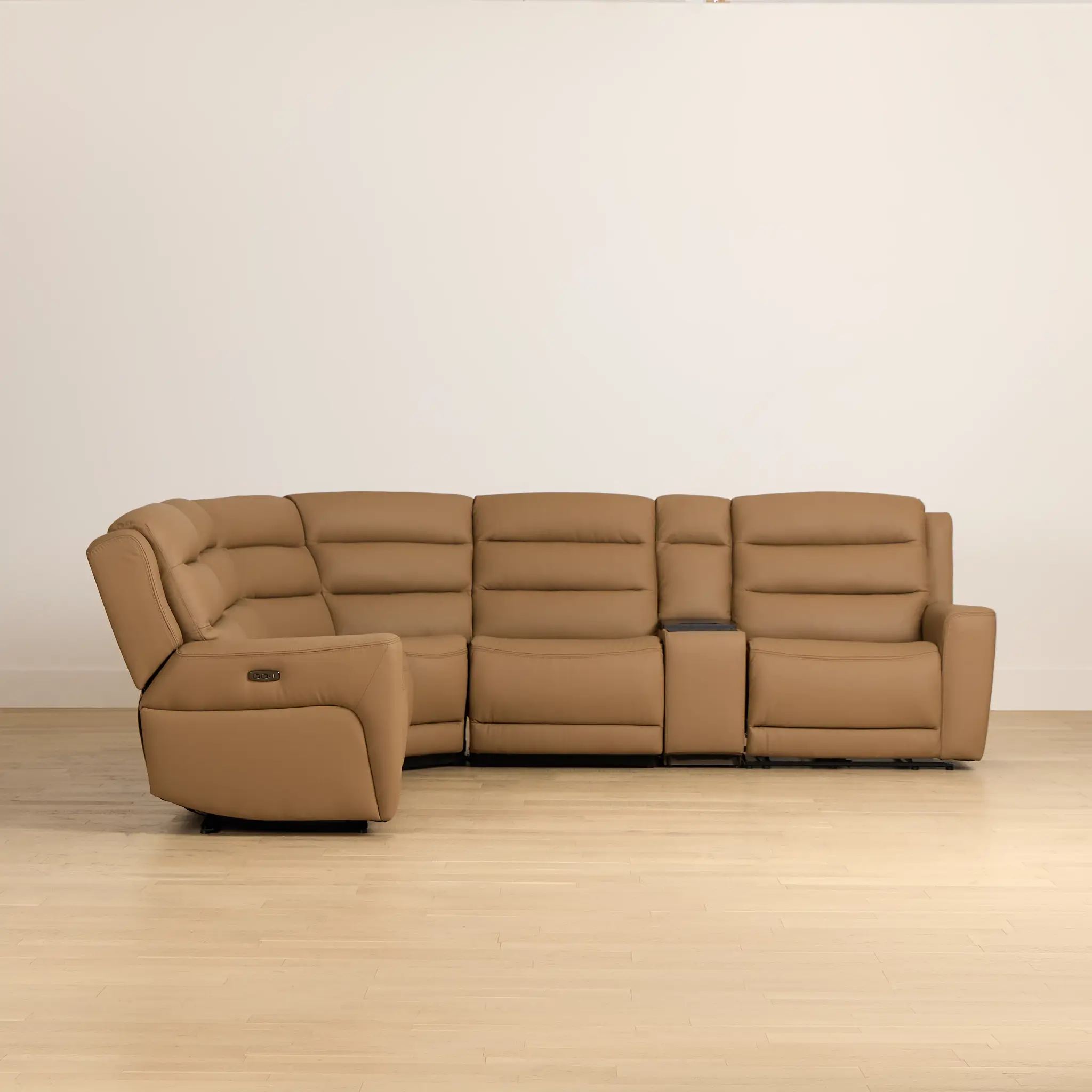 Wilder Brown Leather Medium Dual Power Sectional W/refrigerated Console Wilder Brown Leather Medium Dual Power Sectional W/refrigerated Console