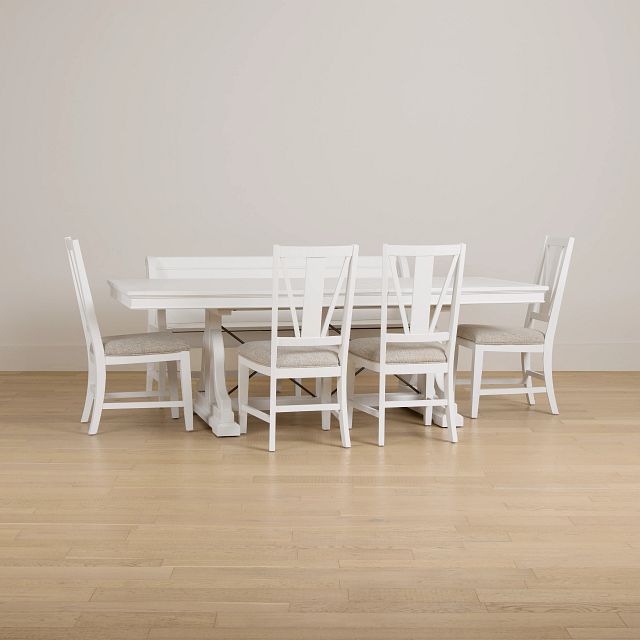 Heron Cove White Trestle Table, 4 Chairs & Bench