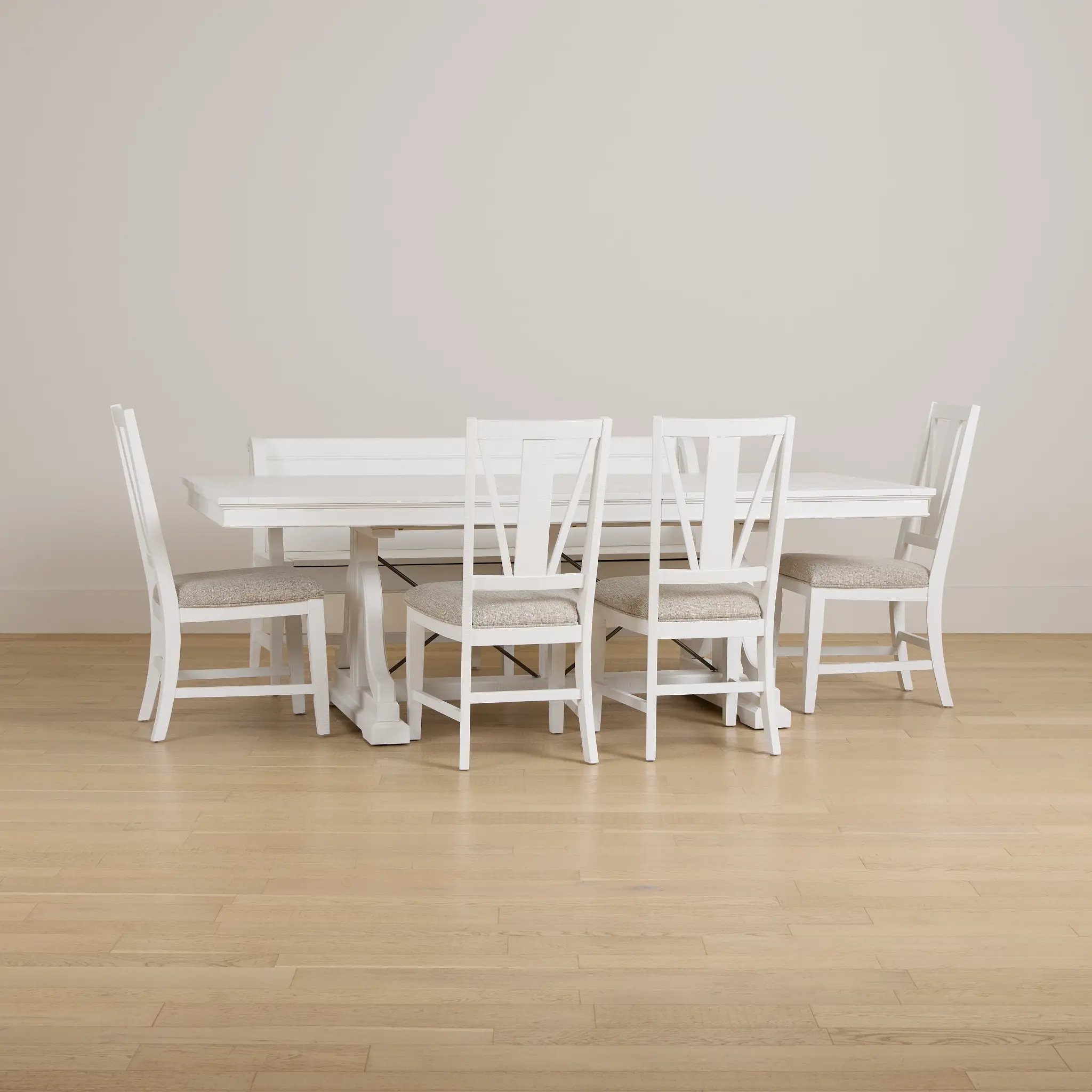 Heron Cove White Trestle Table, 4 Chairs & Bench Heron Cove White Trestle Table, 4 Chairs & Bench