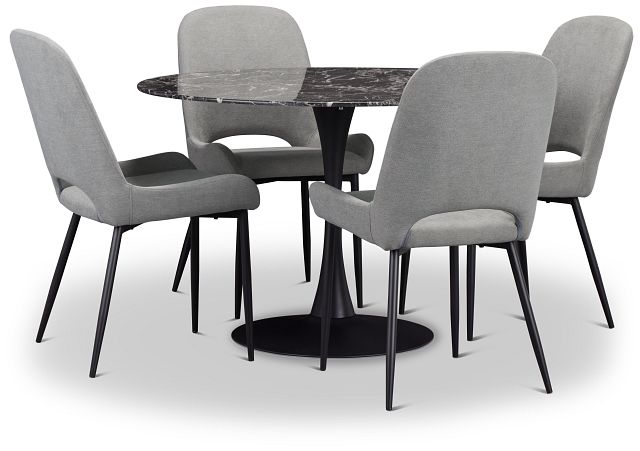 Brela Black Marble Round Table & 4 Gray Upholstered Chairs