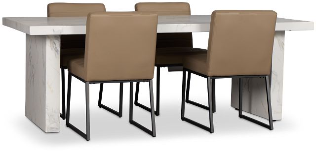 Viscaya White Table & 4 Light Taupe Upholstered Chairs