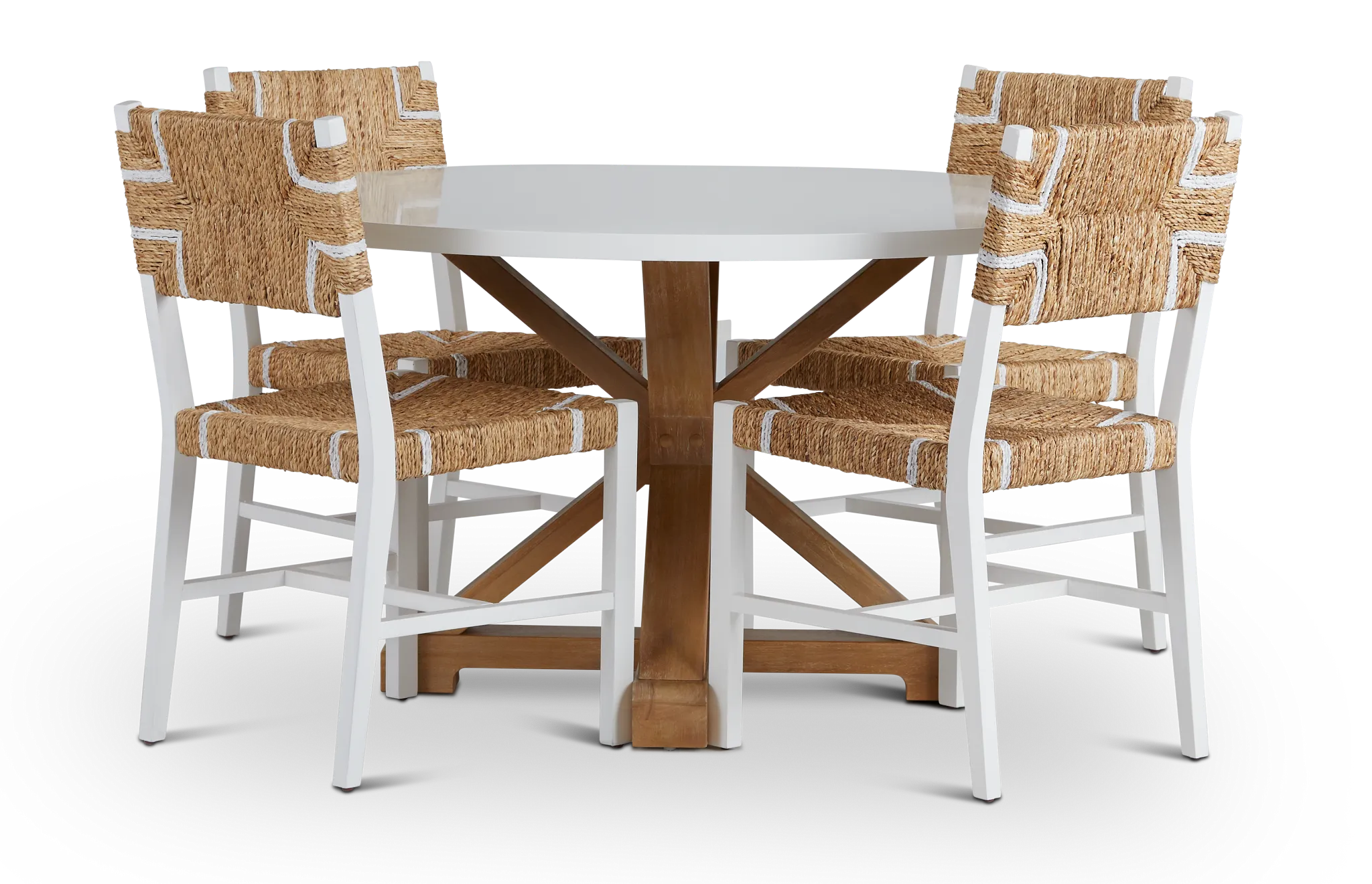 Nantucket Two-tone White Round Table & 4 Woven Chairs