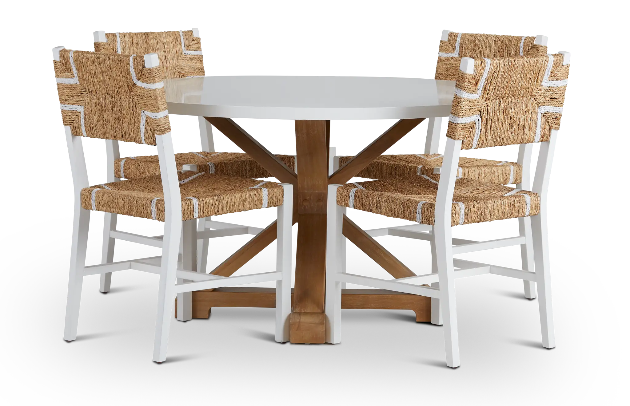 Nantucket Two-tone White Round Table & 4 Woven Chairs Nantucket Two-tone White Round Table & 4 Woven Chairs