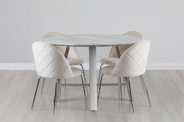 Capri Stainless Steel Ivory Round Table, Dining Table And 4 Upholstered Chairs