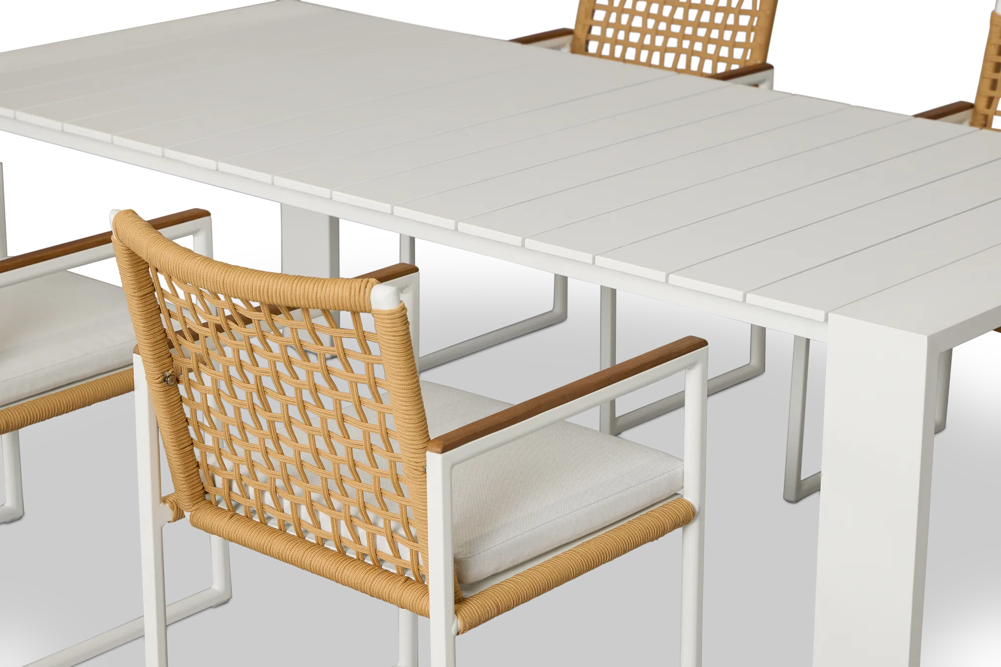 Sunrise White 86" Rectangular Table & 4 Teak Arm Chairs