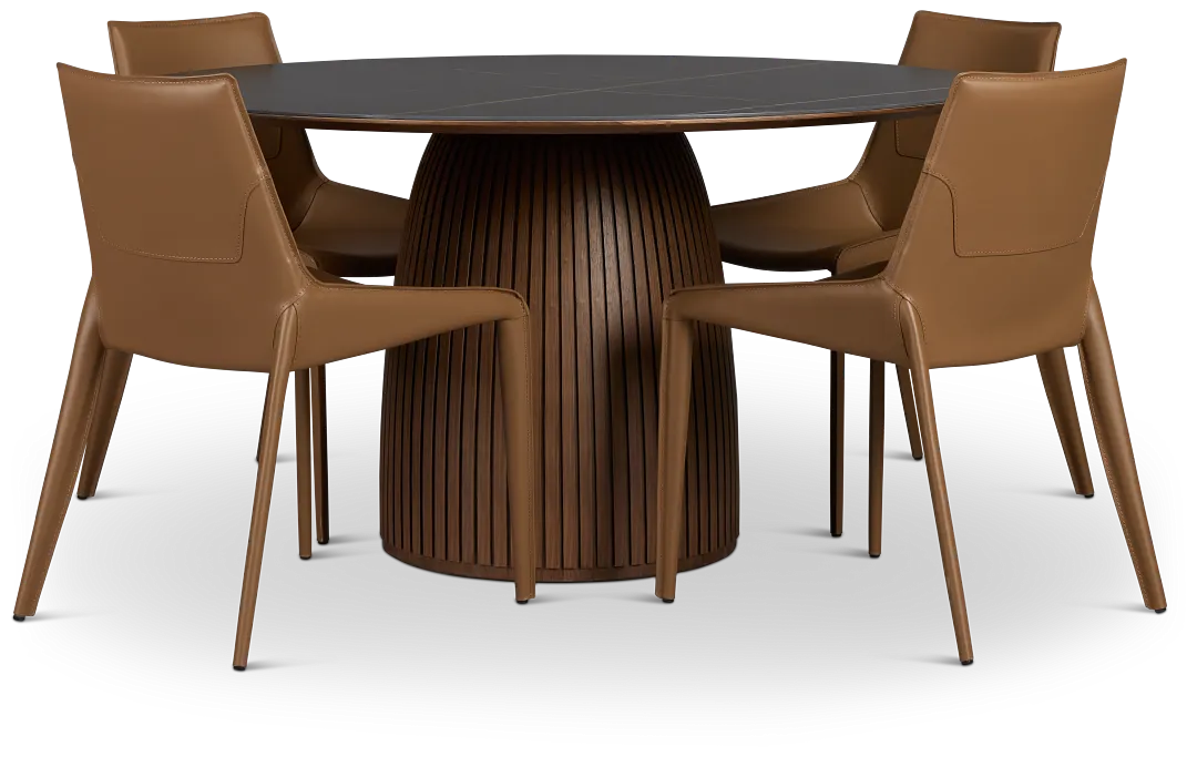 Wayne Two-tone Stone Round Table & 4 Brown Upholstered Chairs