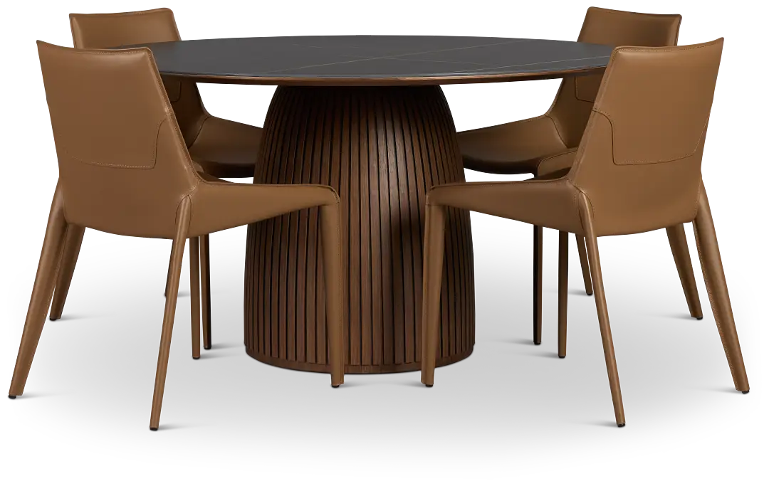 Wayne Two-tone Stone Round Table & 4 Brown Upholstered Chairs Wayne Two-tone Stone Round Table & 4 Brown Upholstered Chairs