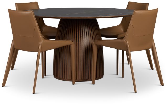 Wayne Two-tone Stone Round Table & 4 Brown Upholstered Chairs