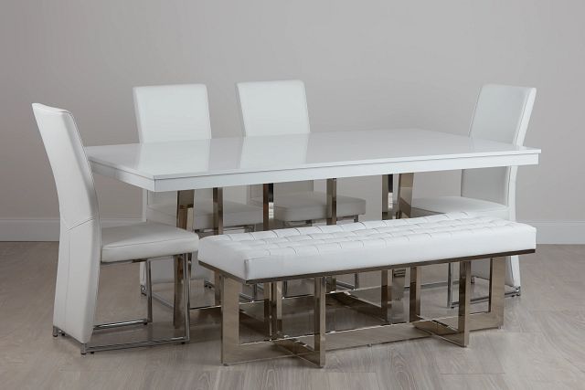 Cortina White Table, 4 Chairs & Bench (2)