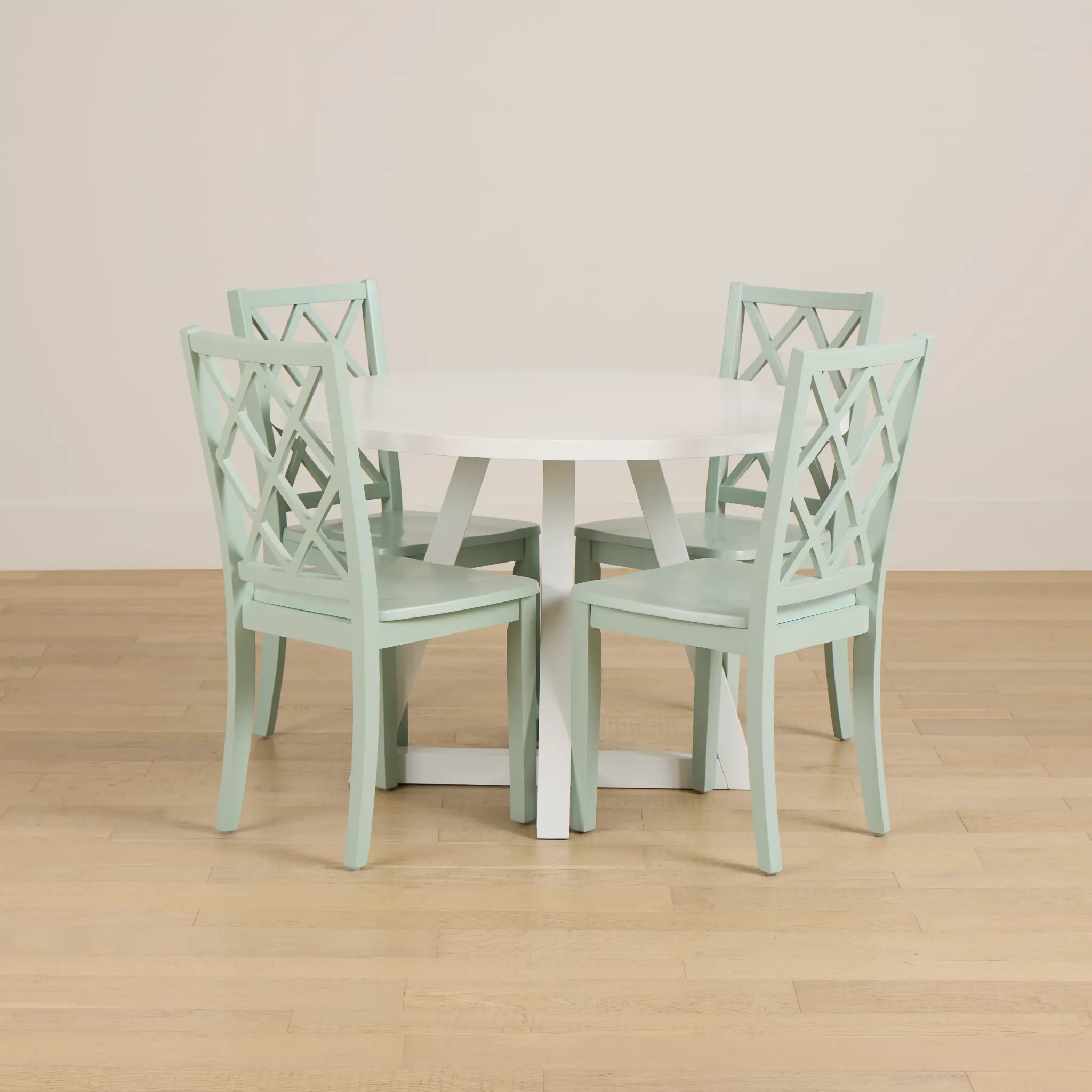 Edgartown White Round Table & 4 Light Blue Wood Chairs Edgartown White Round Table & 4 Light Blue Wood Chairs