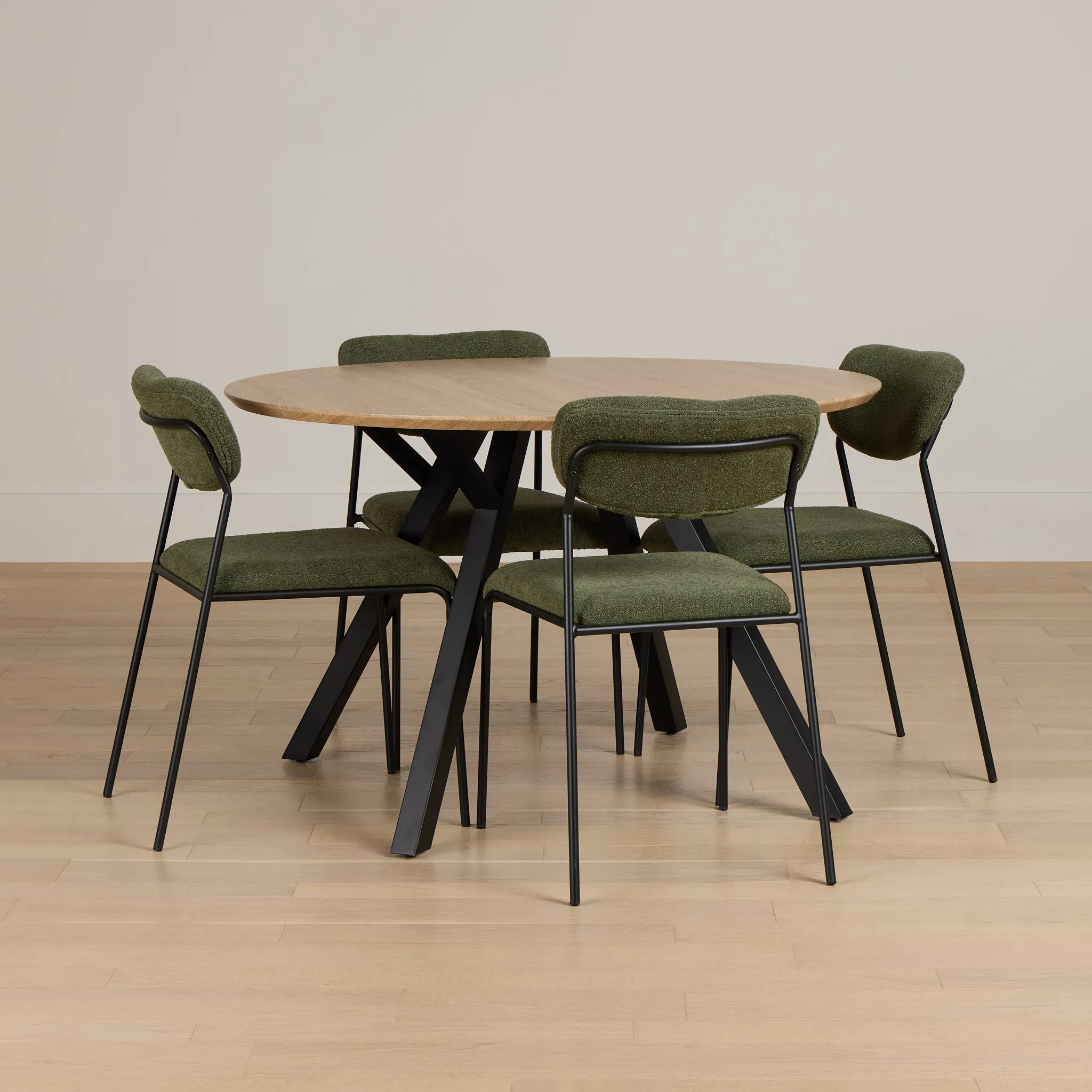Lynden Light Tone Round Table & 4 Green Metal Upholstered Side Chairs