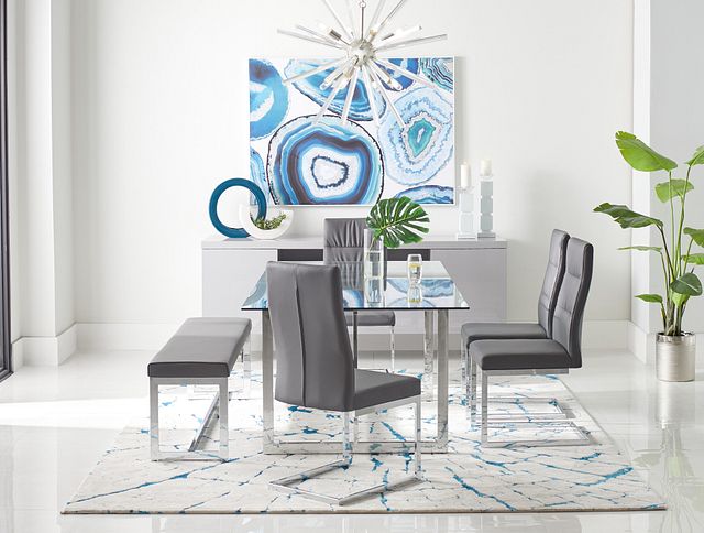 Bronx Glass Gray Table & 4 Upholstered Chairs