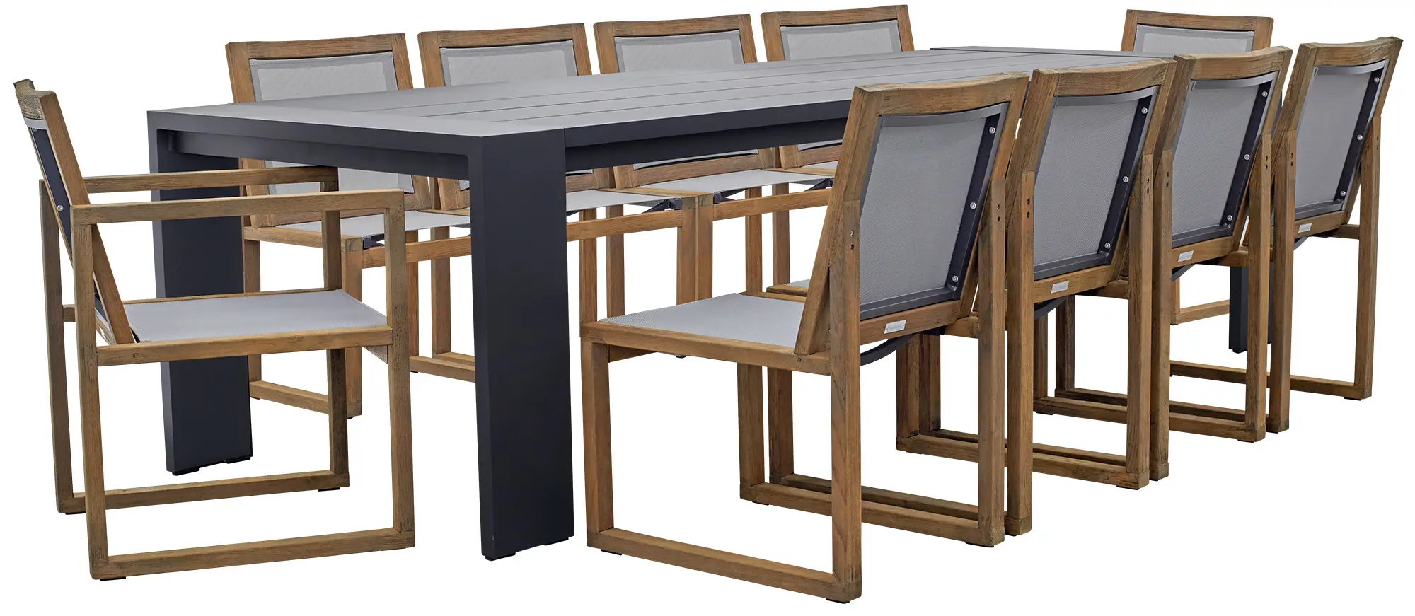 Linear Dark Gray 110" Aluminum Table & 4 Teak Sling Side Chairs Linear Dark Gray 110" Aluminum Table & 4 Teak Sling Side Chairs