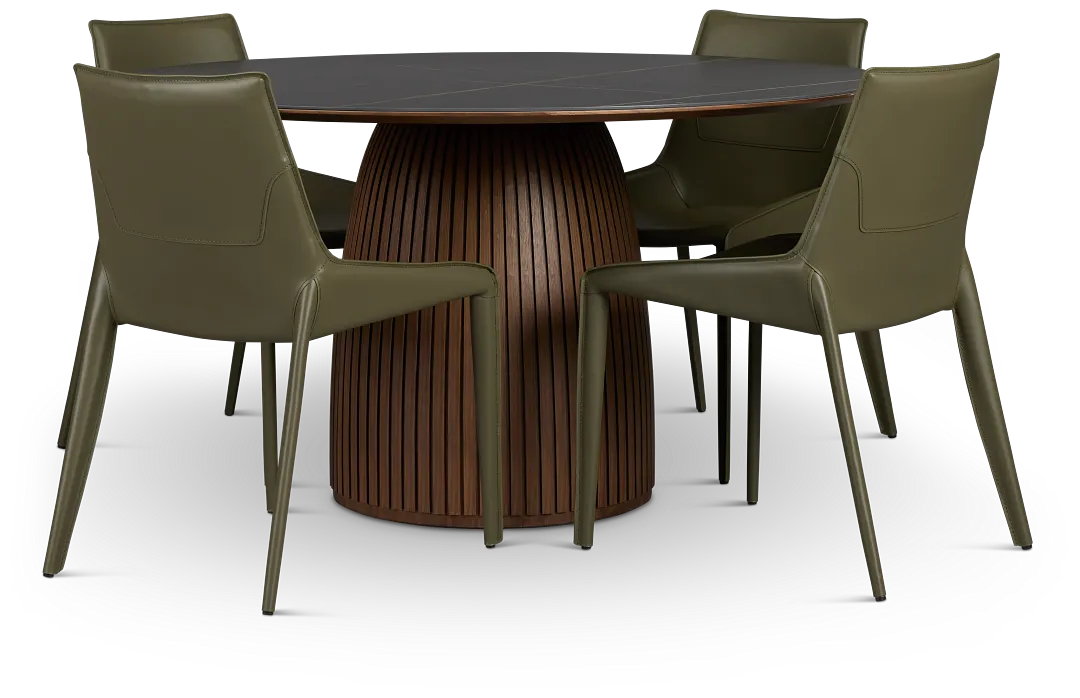 Wayne Two-tone Stone Round Table & 4 Dark Green Upholstered Chairs