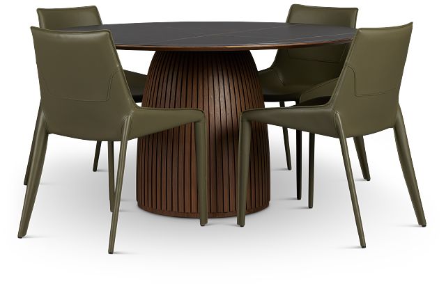 Wayne Two-tone Stone Round Table & 4 Dark Green Upholstered Chairs