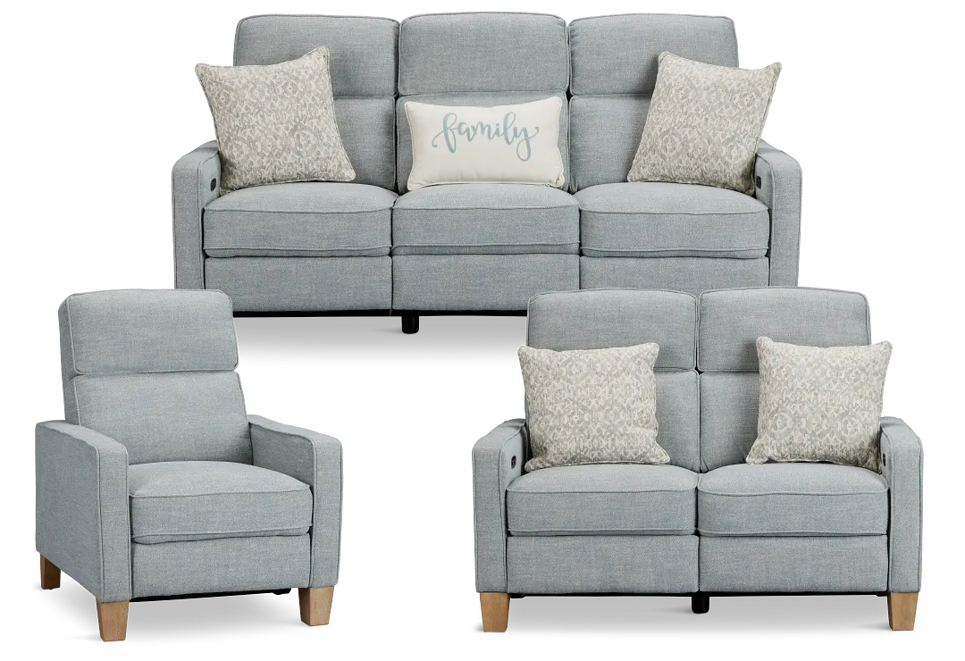 Bayside Light Blue Fabric Power Reclining Living Room