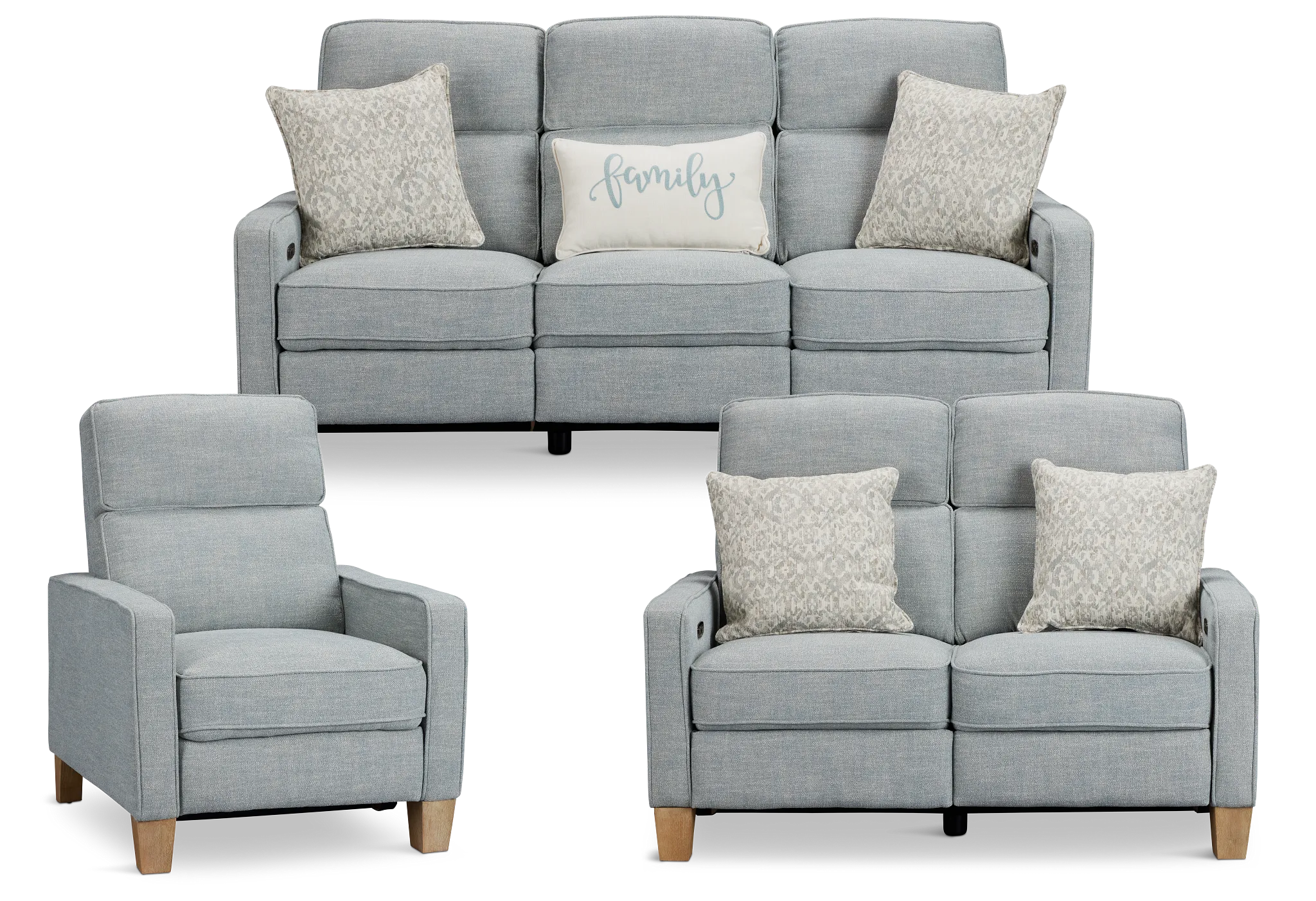 Bayside Light Blue Fabric Power Reclining Living Room