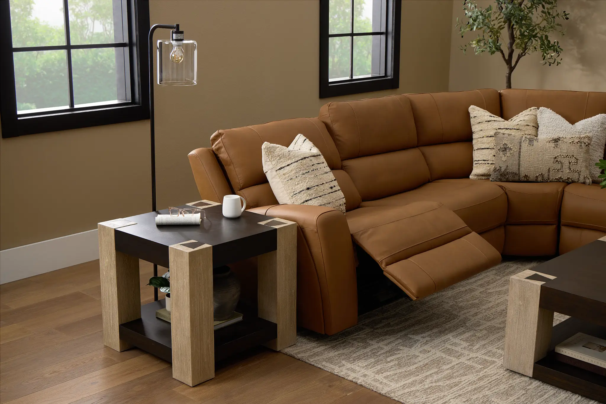 Summit Light Brown Lthr/vinyl Medium Dual Power 2-arm Reclining Sectional Summit Light Brown Lthr/vinyl Medium Dual Power 2-arm Reclining Sectional