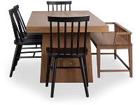 Provo Mid Tone Trestle Table With 4 Wood Side Chairs & Bench