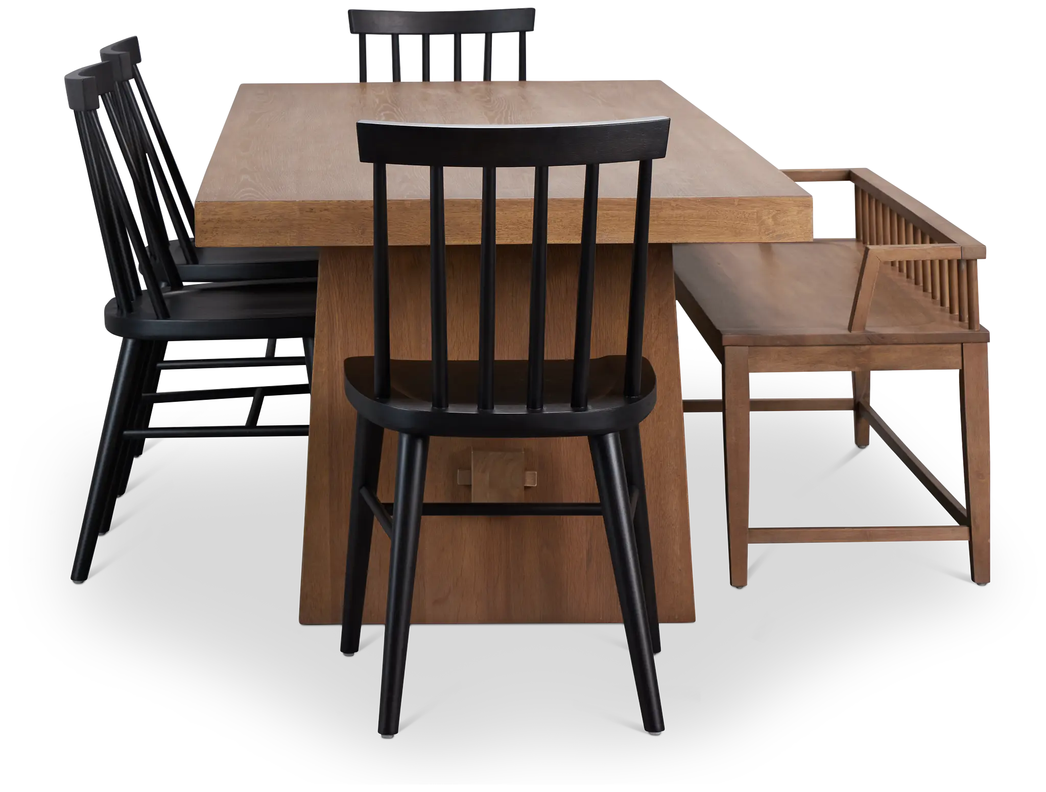 Provo Mid Tone Trestle Table With 4 Wood Side Chairs & Bench Provo Mid Tone Trestle Table With 4 Wood Side Chairs & Bench