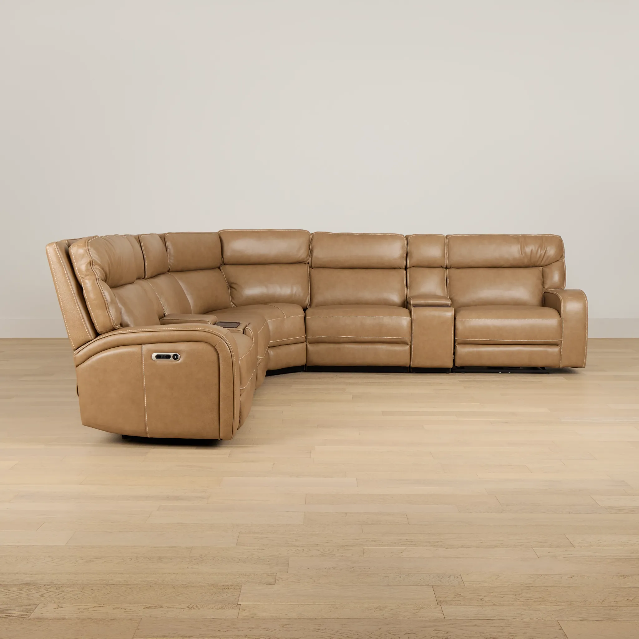 Jasper Light Brown Leather Large Dual Power Reclining Two-arm Sectional