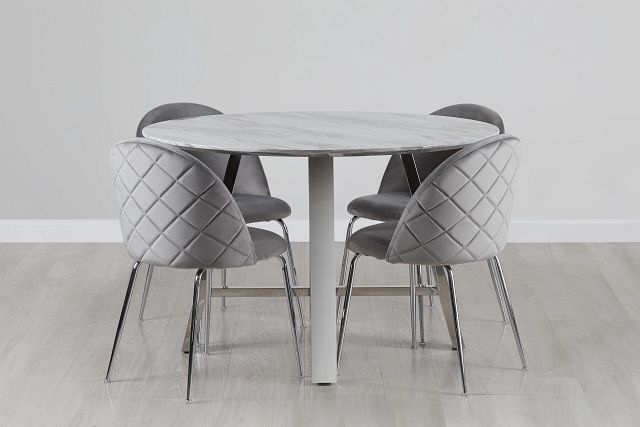 Capri Stainless Steel Gray Round Table & 4 Upholstered Chairs