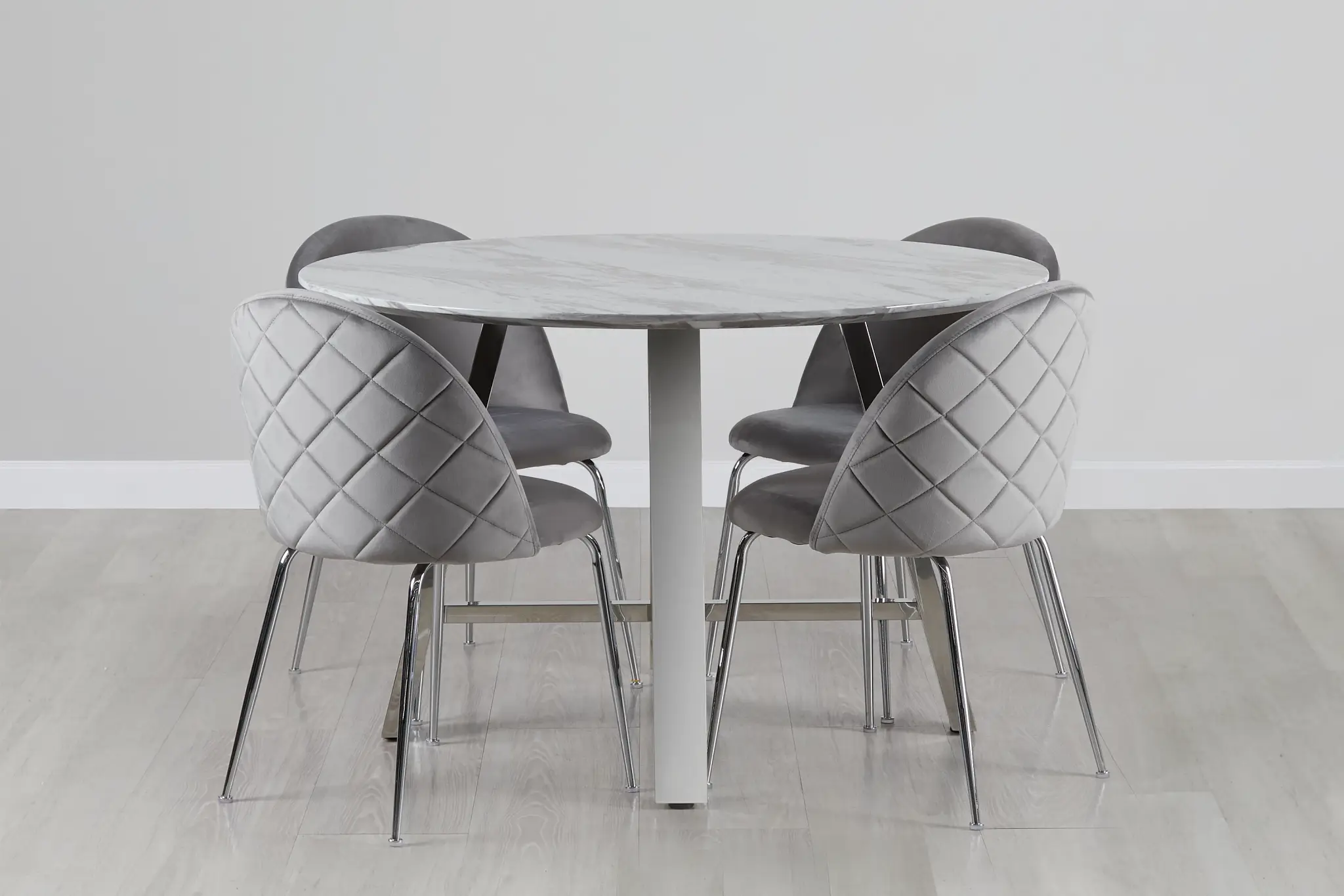 Capri Stainless Steel Gray Round Table & 4 Upholstered Chairs Capri Stainless Steel Gray Round Table & 4 Upholstered Chairs