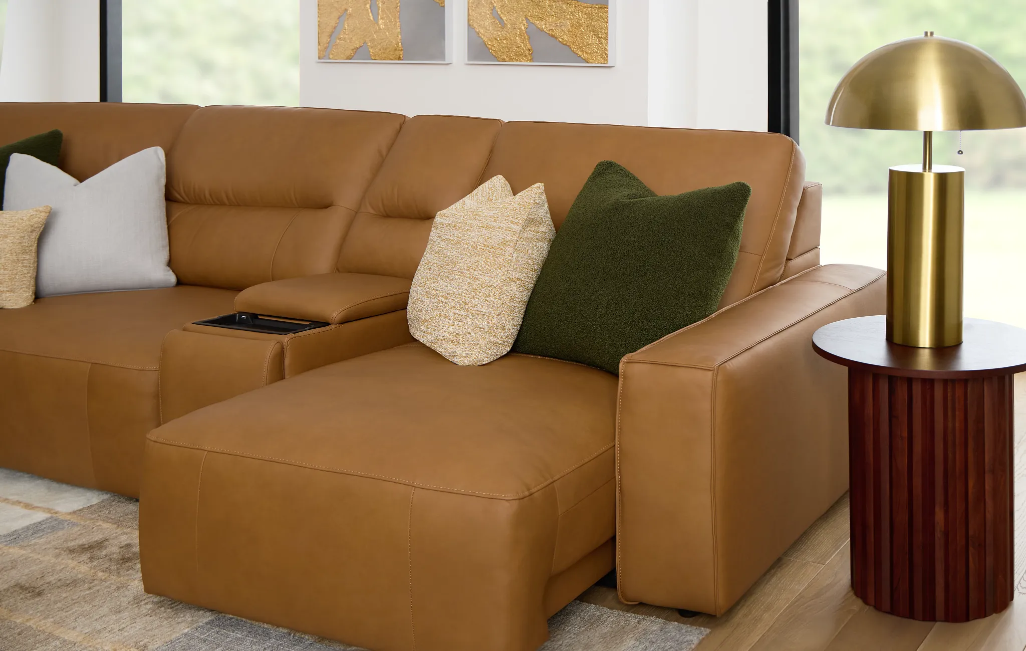 Rudy Brown Lthr/vinyl Medium Tri Power 2 Arm Extension Chaise Sectional