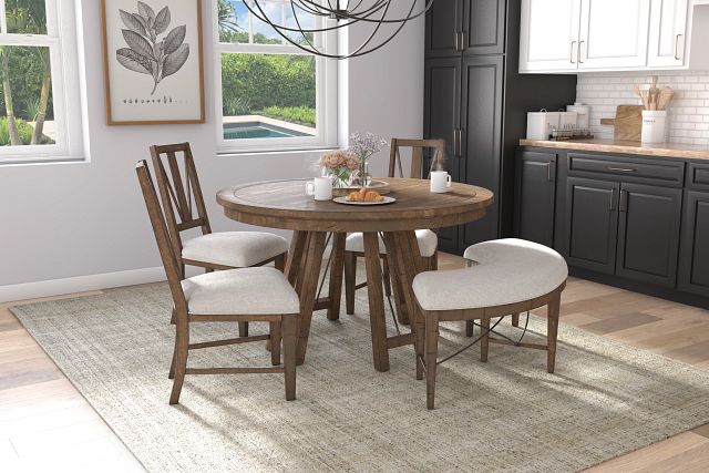 Heron Cove Mid Tone Round Table, 3 Chairs & Bench (1)