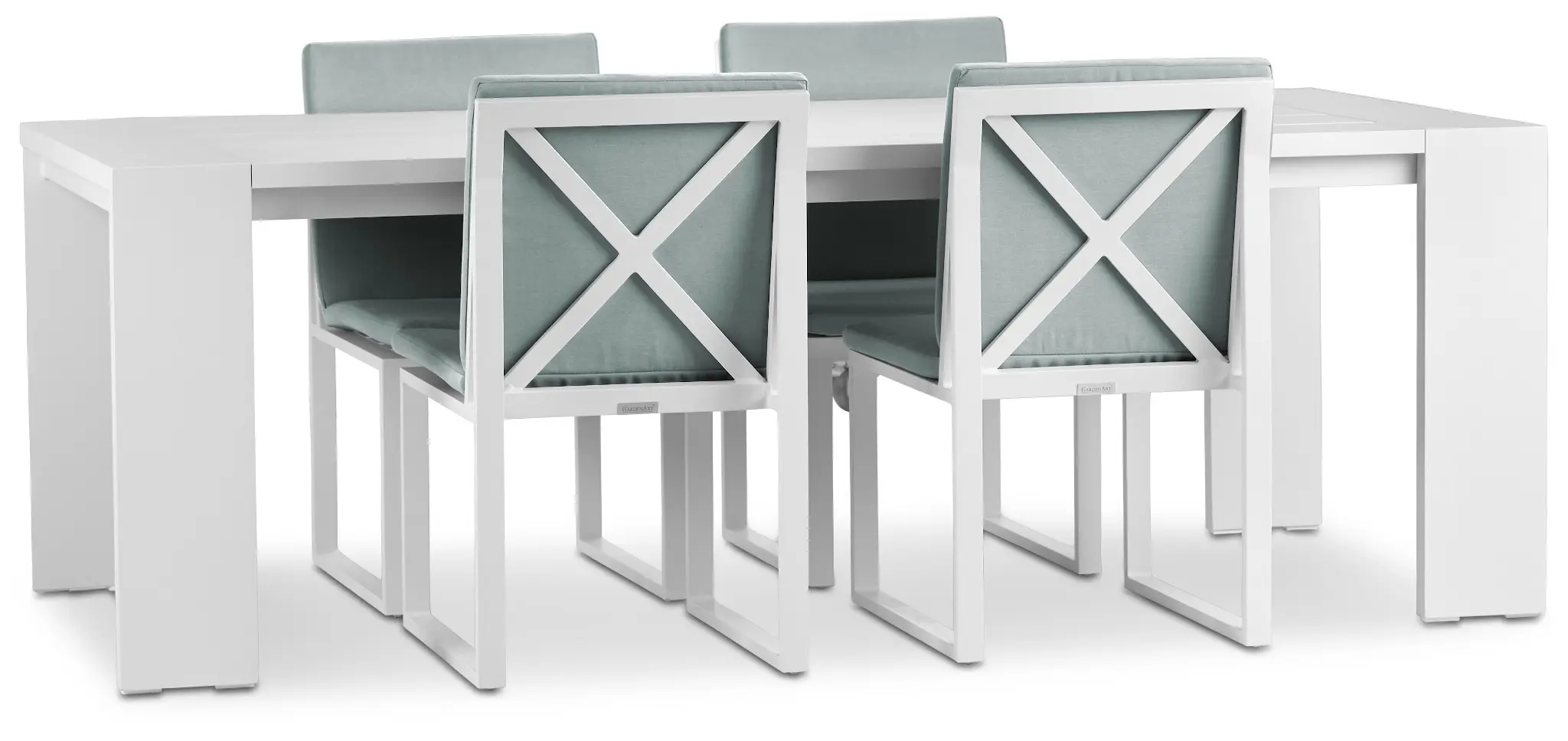 Linear White Teal 87" Aluminum Table & 4 Cushioned Side Chairs Linear White Teal 87" Aluminum Table & 4 Cushioned Side Chairs