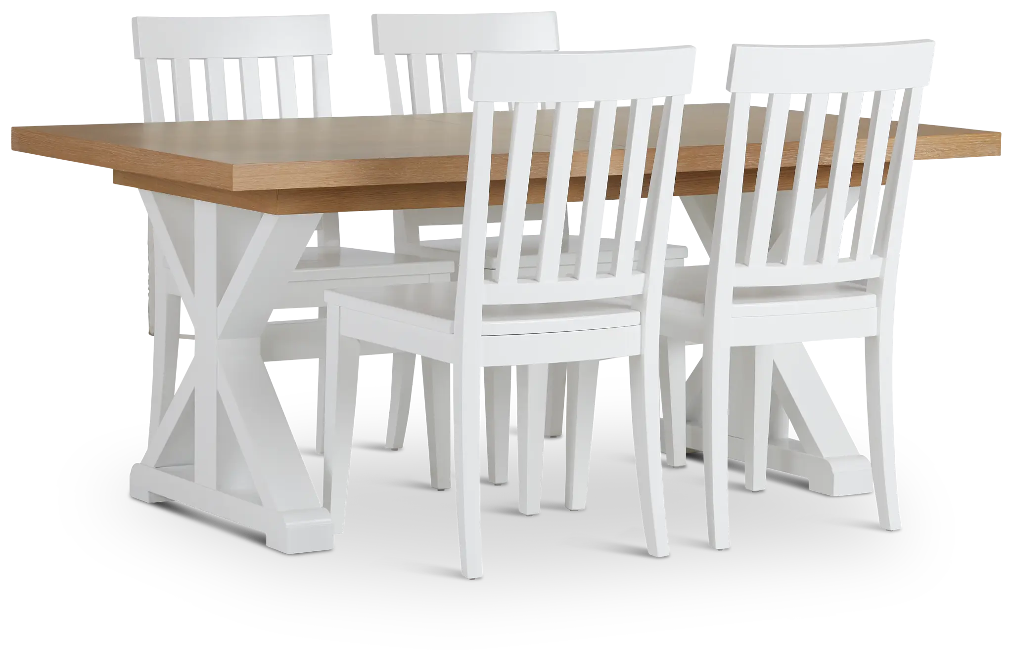 Nantucket Two-tone Light Tone Trestle Table & 4 White Chairs Nantucket Two-tone Light Tone Trestle Table & 4 White Chairs