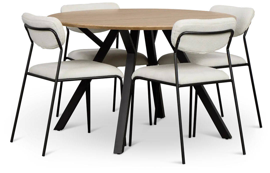 Lynden Light Tone Round Table & 4 White Metal Upholstered Side Chairs Lynden Light Tone Round Table & 4 White Metal Upholstered Side Chairs