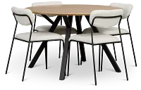 Lynden Light Tone Round Table & 4 White Metal Upholstered Side Chairs