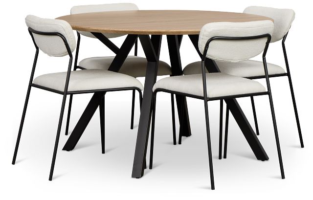 Lynden Light Tone Round Table & 4 White Metal Upholstered Side Chairs